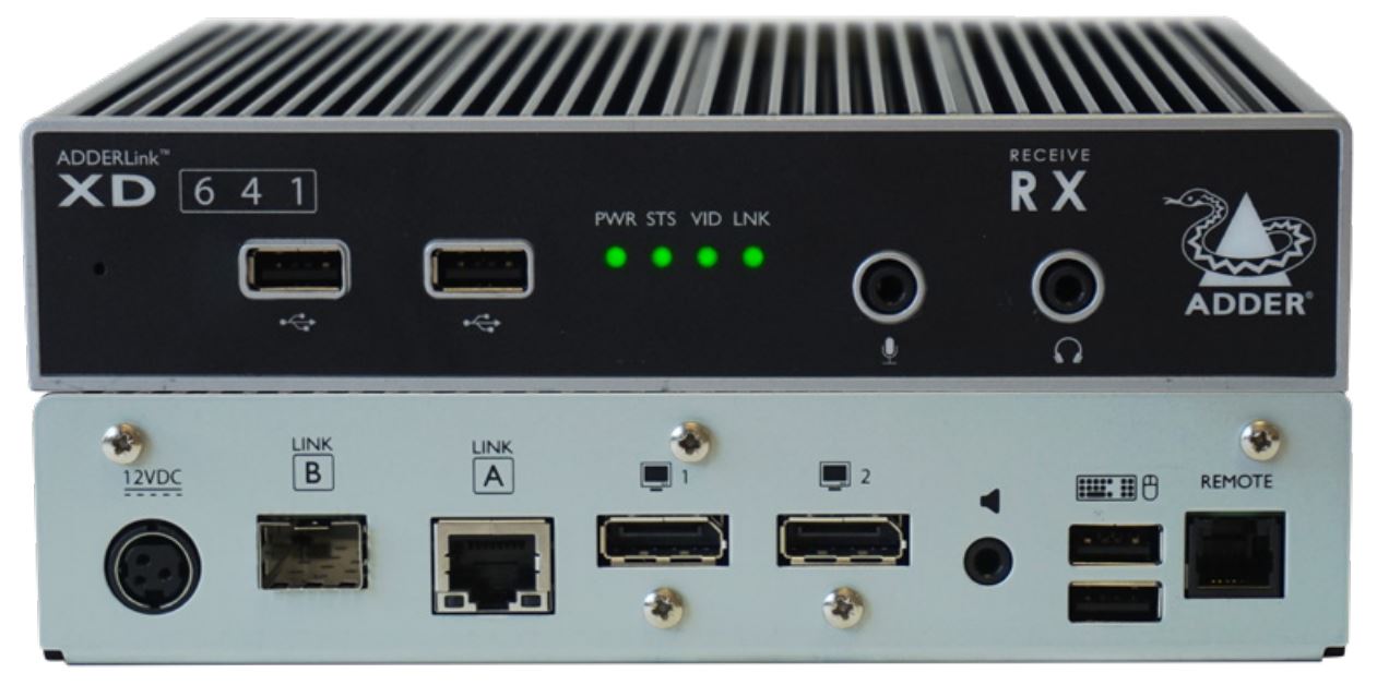 ADDERLink XD641 Single-Head KVM Extender für Auslösungen bis 4K60 UHD von Adder Receiver von vorne und hinten