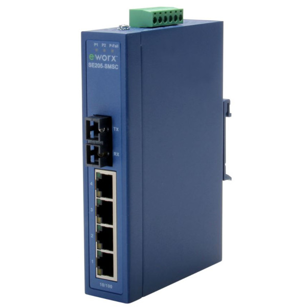 eWorx SE205-SMSC Industrie Switch von Advantech B+B SmartWorx mit 4 RJ45 und 1 LWL Port.