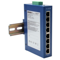 SE208 8 Port unmanaged Industrie Switch von Advantech B+B SmartWorx auf einem DIN-Rail.