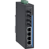 Leicht seitliche Ansicht des EKI-2526M-ST Advantech Unmanaged Industrie Switch mit 4x RJ45 und 2x Multi-Mode ST Ports