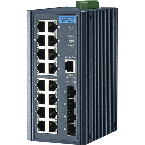 EKI-2720G-4F industrieller Gigabit Unmanaged Switch mit 16 Gigabit Ethernet und 4 SFP Ports von Advantech