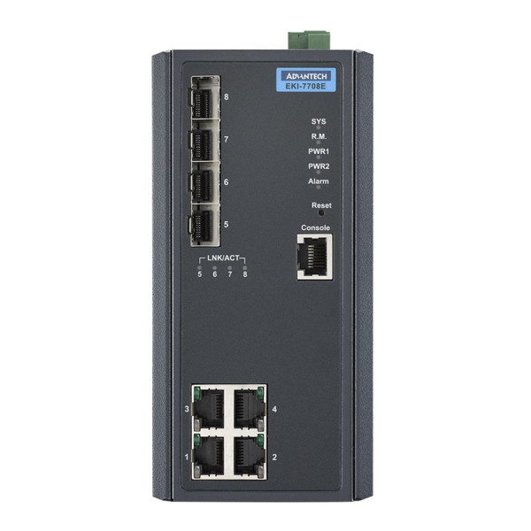 EKI-7708E-4F Managed Ethernet Industrie Netzwerkschalter von Advantech mit 4 SFP und 4 Fast Ethernet Anschlüssen