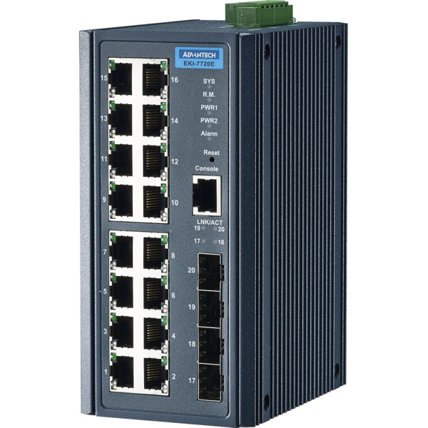 EKI-7720E-4FI industrieller Managed Switch mit 16 Fast Ethernet und 4 SFP Ports von Advantech
