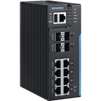 EKI-8712G-4XFPI industrieller Layer 3 PoE Switch von Advantech seitlich Leicht seitliche Ansicht des industriellen EKI-8712G-4XFPI Layer 3 PoE Switch von Advantech