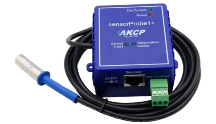 sensorProbe1+ kompakte Überwachungslösung mit einem fix verkabelten Temperatursensor von AKCP