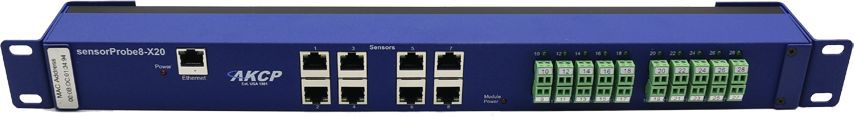 sensorProbe8-X20 Remote Monitoring System mit 8x Sensorports und 20x Trockenkontakten von AKCP Front