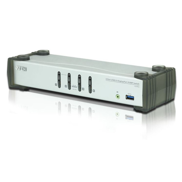 CS1914 von Aten ist ein 4-fach KVM Umschalter für 4k DisplayPort, USB3.0 und Audio-Signale.