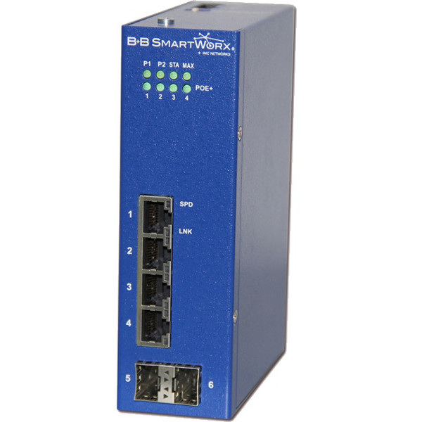 ESWGP206-2SFP-T unmanaged PoE Ethernet Switch von B+B SmartWorx mit 4x RJ-45 und 2x SFP Ports.