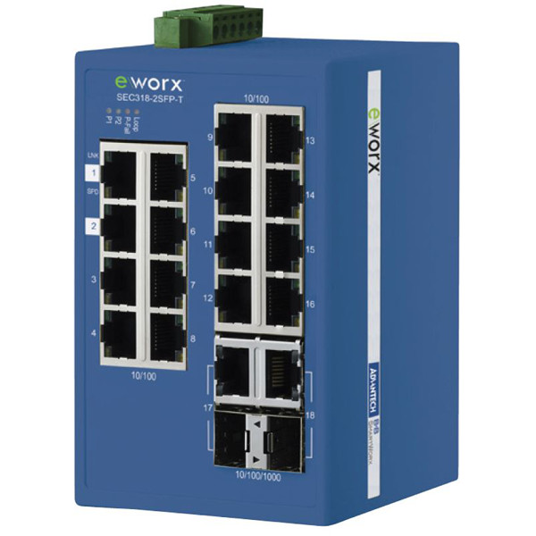 SEC318-2SFP-T - Advantech B+B SmartWorx Industrie Ethernet Switch 16+2 Port SEC318-2SFP-T Monitored Industrie Ethernet Switch mit 16 + 2 SFP Ports von B+B SmartWorx.