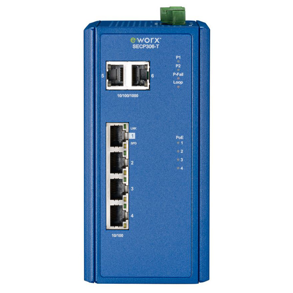 SECP306-T Industrieller Ethernet Switch mit 4 RJ45 und 2 SFP Ports von B+B SmartWorx.