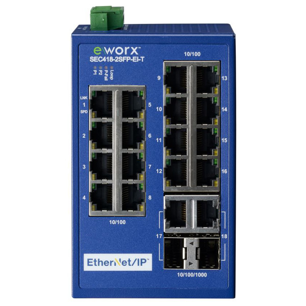 SEC418-2SFP-EI-T EtherNet/IP Industrie Switch mit 16 + 2 SFP Ports von B+B SmartWorx.