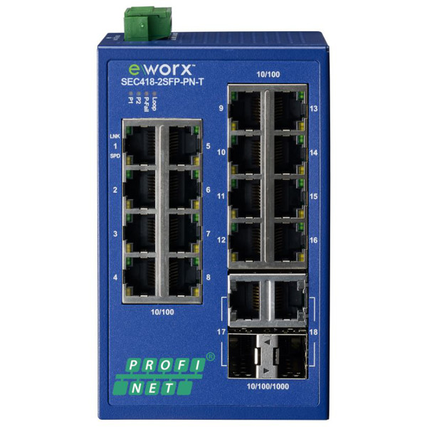 SEC418-2SFP-PN-T PROFINET Switch mit 16 Ethernet und 2 SFP Ports von B+B SmartWorx.