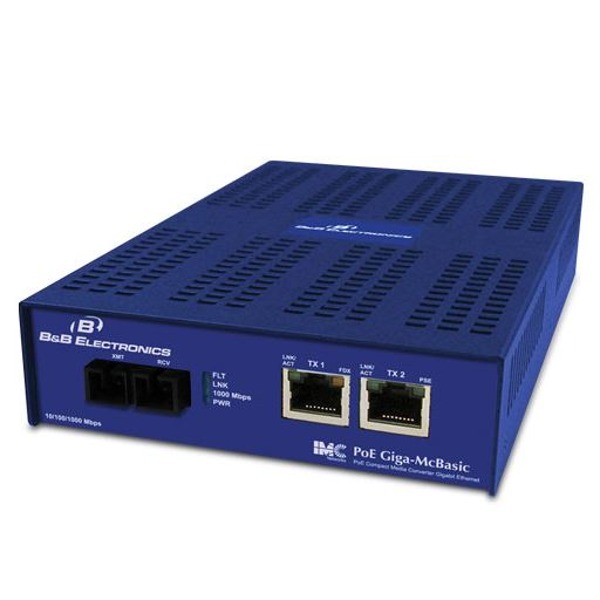 Der PoE-PoE+ Giga-McBasic von B+B SmartWorx ist ein Power over Ethernet Medienkonverter.