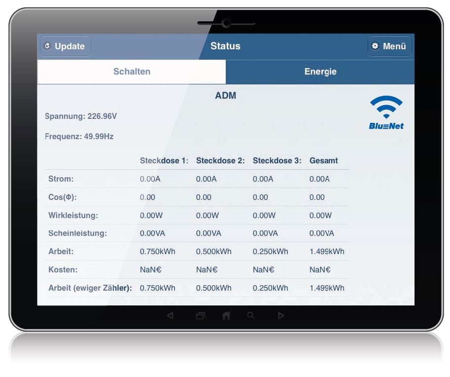 Interface der Tablet App für Bachmann BlueNet BN1500 Steckerleisten.