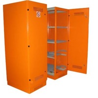 Batterieschrank mit Gitterrosten und Lüftungsöffnungen in orange.