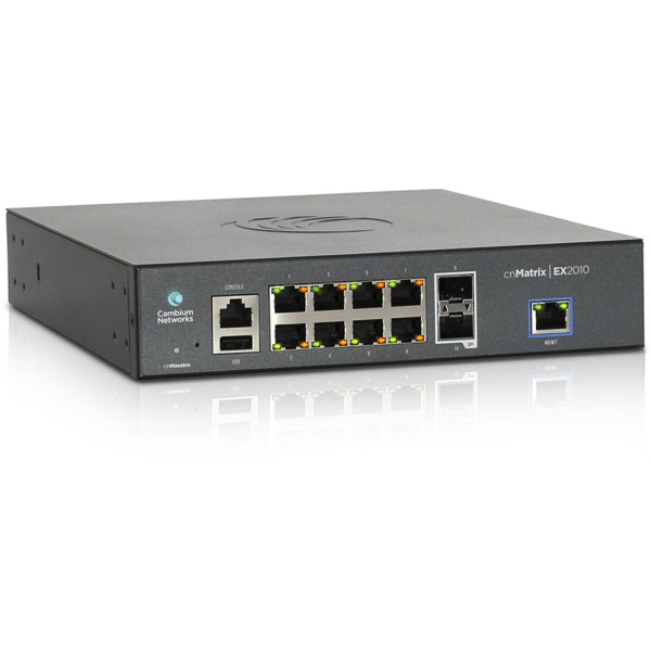 EX2010 cnMatrix Layer 3 Gigabit Ethernet Switch mit 8x RJ45 und 2x SFP Anschlüssen von Cambium Networks seitlich