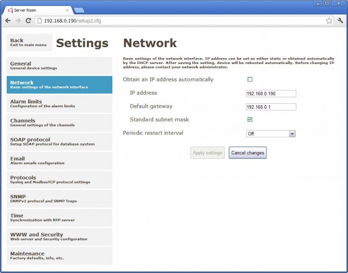 Netzwerkeinstellungen am Webinterface des P8641 Websensors von Comet.