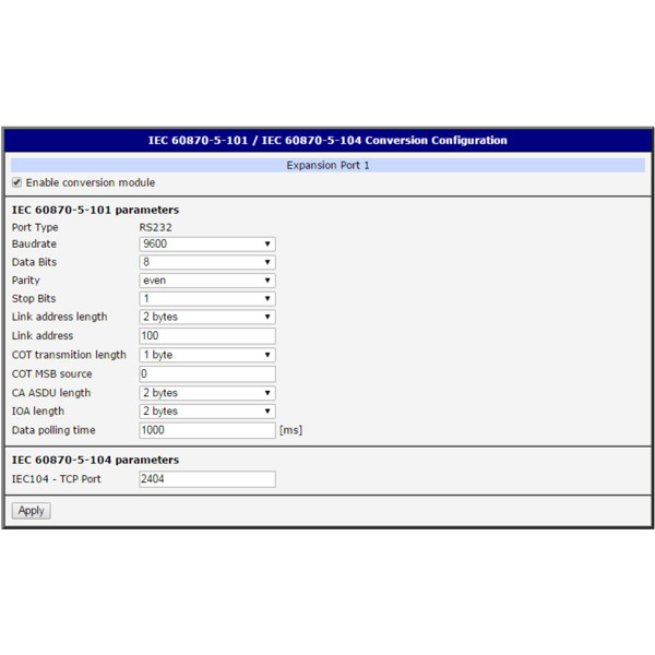 Konfiguration eines seriellen Ports mit dem IEC101/104 User Modul von B+B SmartWorx Conel.