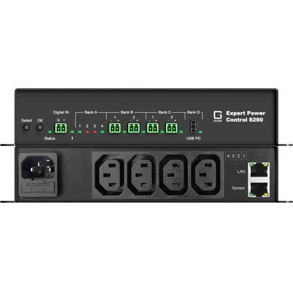 Anschl&uuml;sse der Expert Power Control 8290-1 9-fach schaltbare AC/DC PDU von Gude