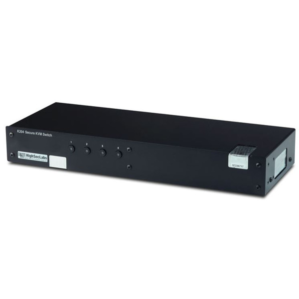 K204 Secure KVM Switch von High Sec Labs mit 4 Ports für DVI-I, USB und Audio.