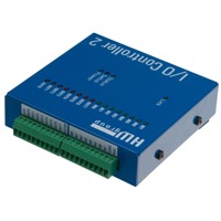 Rückseite eines I/O Controller 2 von HW group, der RS232/485 Ports und digitale Ein-/Ausgänge mit dem Netzwerk verbindet. 