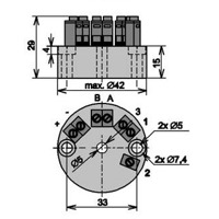 Abmessung eines Temp-485-Pt100 Head Konverters von HW group.