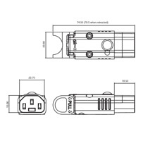 Abmessungen des C13 IEC Lock+ Steckers mit Verriegelung zur Montage auf Stromkabel.