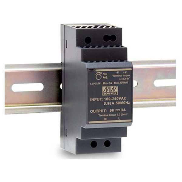 HDR-30-5-15 schlankes 30 Watt DIN-Rail Netzteil mit einer Ausgangsspannung von bis zu 15 VDC von Mean Well