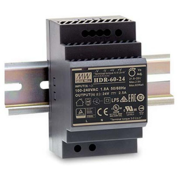 HDR-60-24 kompaktes 60 Watt DIN-Rail Netzteil mit 24 VDC Ausgangs- und 85-264 VAC Eingangsspannung von Mean Well