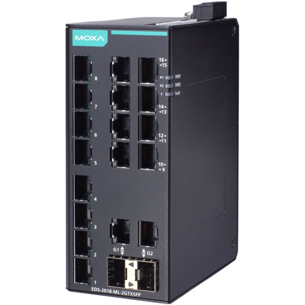 EDS-2018-ML-2GTXSFP industrieller Unmanaged Switch mit 16x Fast Ethernet und 2x Gigabit/SFP Ports von Moxa