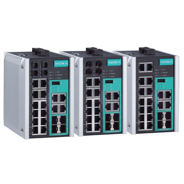 EDS-518E managed Ethernet Switches von Moxa mit 14 Fast-Ethernet und 4 Gigabit Ports.