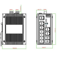 Abmessungen der Seiten- und Frontansicht des EDS-518E Ethernet Switches von Moxa.