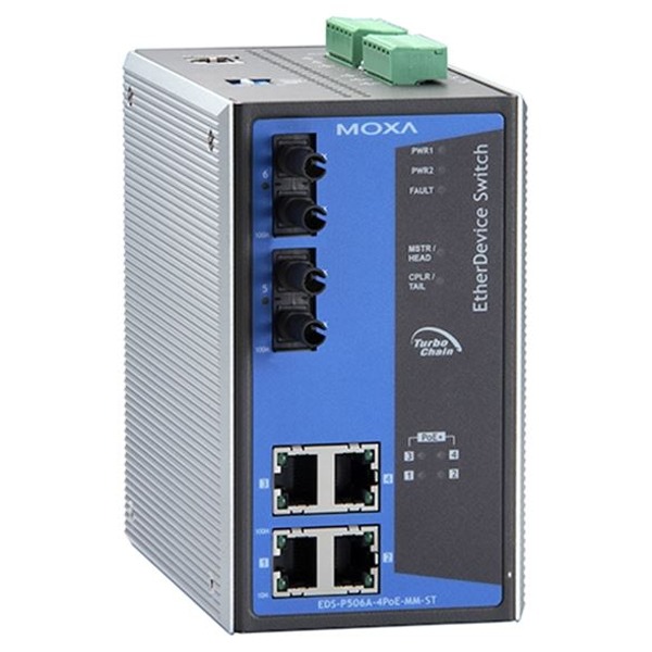 Der EDS-P506A-4PoE von Moxa ist ein industrieller Netzwerk Switch mit 4 PoE+ Ports und 2 zusätzlichen 100BaseFX Slots.
