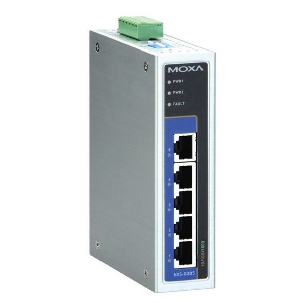 Der EDS-G205 von Moxa ist ein industrieller Netzwerk Switch mit IP30 zertifiziertem Gehäuse.