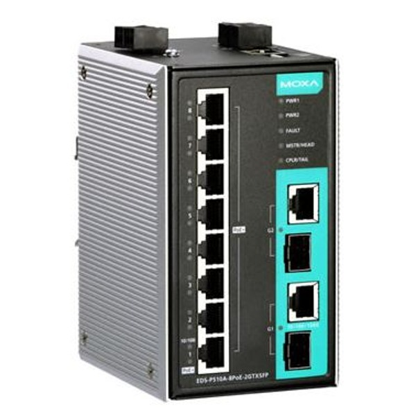Der EDS-P510Q-8PoE von Moxa ist ein industrieller Netzwerk Switch mit 8+2G Ports.