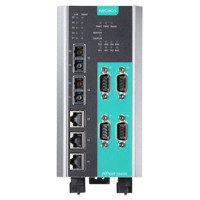 NPort S9450I-2S-SC-WV-T Geräteserver mit einem Managed Ethernet Switch von Moxa von vorne