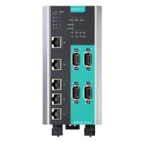 NPort S9450I-WV-T Geräteserver mit einem Managed Ethernet Switch von Moxa von vorne