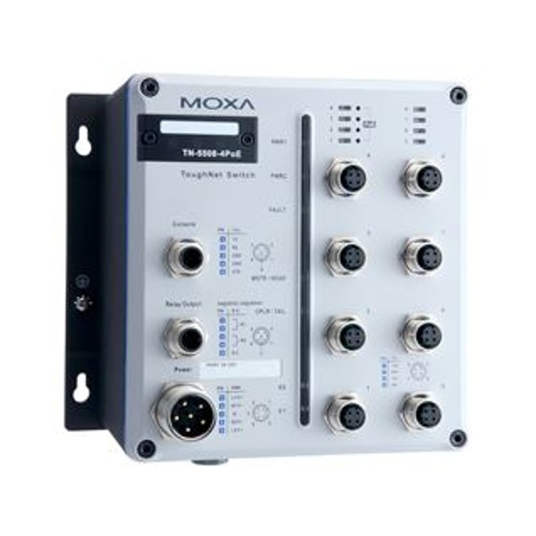 Der TN-5508-4PoE von Moxa ist ein industrieller Netzwer Switch mit 8 Ports und EN-50155 Zertifizierung.
