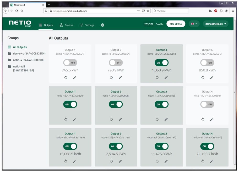 NETIO Cloud Online Portal für die Fernsteuerung von mehreren Geräten von NETIO Demo