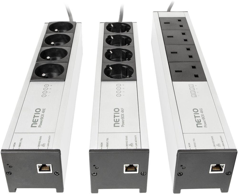 PowerBOX 4Kx smarte LAN Steckdosenleiste mit 4x Typ F Schuko, Typ E oder Typ G Ausgängen von NETIO LAN Anschlüsse