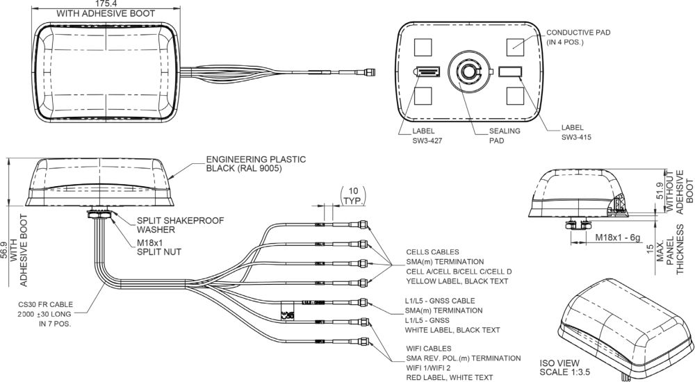 L[X]A[X]M4-7-42[-X] 4x4 MIMO 5G/4G Mobilfunkantenne von Panorama Antennas Zeichnung