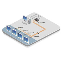 Diagramm zur Anwendung der CrystalView DVI Multi DVI Video Extender von Rose Electronics.