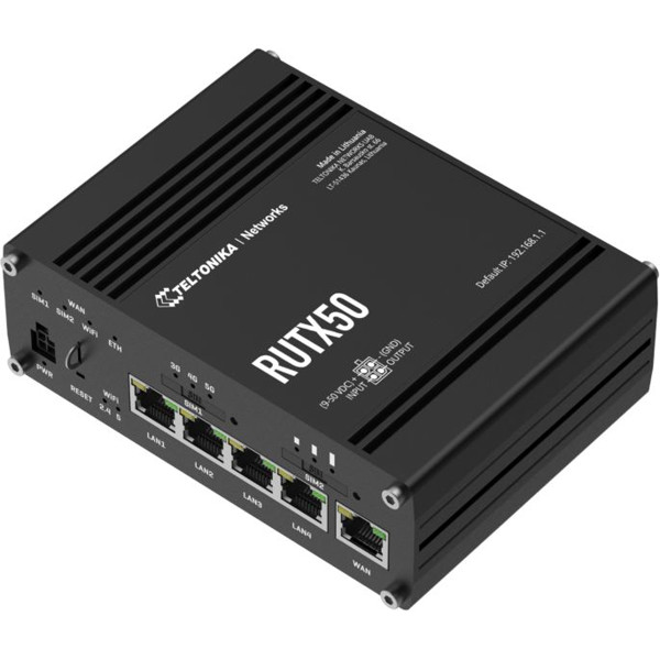 RUTX50 industrieller 5G Router von Teltonika mit einem schwarzen Gehäuse