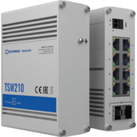 TSW210 industrieller Netzwerk Switch mit 8x RJ45 und 2x SFP Ports von Teltonika stehend