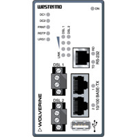 DWW-142-12VDC-BP industrieller Wolverine SHDSL Ethernet Extender mit einer Bypass Funktion von Westermo Illustration Front