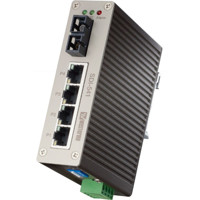 SDI-541-SM-SC30 industrieller Unmanaged Fast Ethernet Switch mit 4x RJ45 Ports und einem Single-Mode SC Glasfaser Anschluss von Westermo gedreht