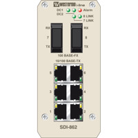SDI-862-SM-SC30 Unmanaged Fast Ethernet Glasfaser Switch mit 6x RJ45 und 2x Singlemode SC Anschlüssen von Westermo Illustration Front